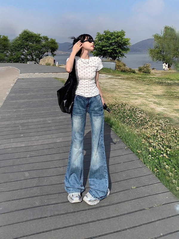 High-Waisted Casual Slimming Retro Blue Loose Flared Jeans for Women, Summer Hip-Covering Denim Pants High-Waisted Casual Slimming Retro Blue Loose Flared Jeans for Women, Summer Hip-Covering Denim Pants