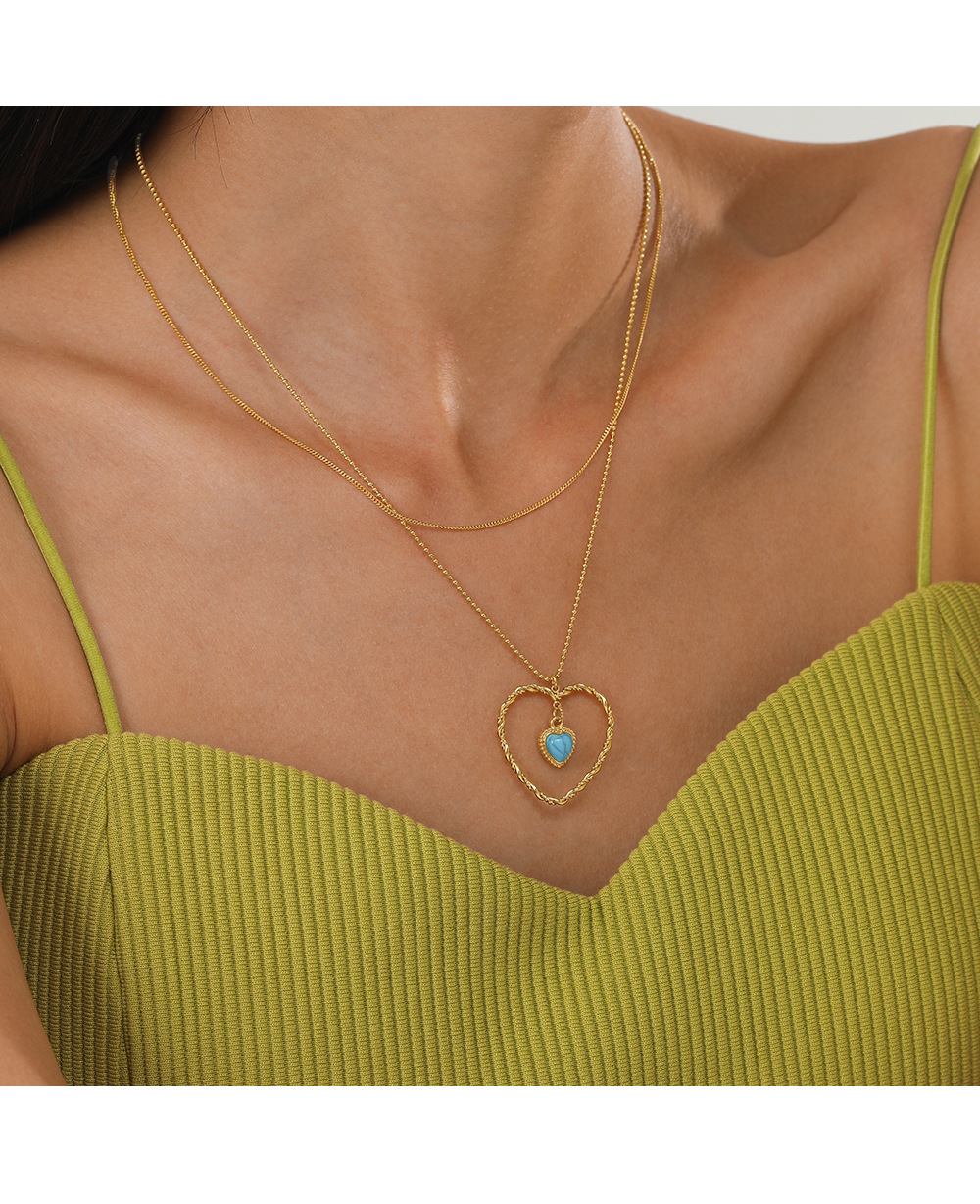 Fashion Heart Shape Stainless Steel Titanium Steel Inlay Turquoise Pendant Necklace 1 Piece