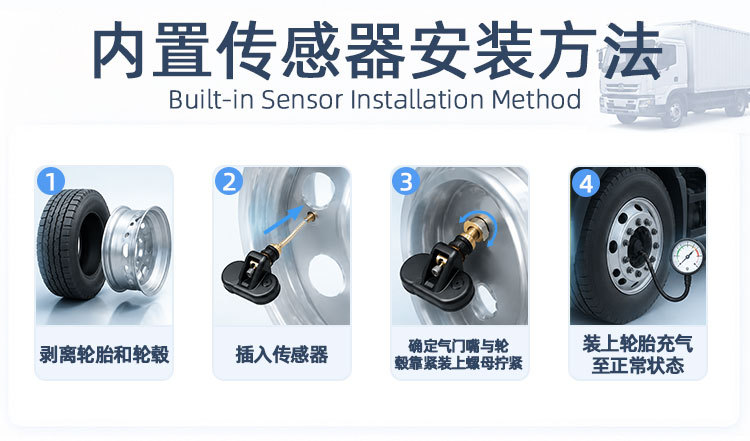 Six-wheel truck tire pressure monitor with large screen display, available with built-in or external options, truck-specific TPMS tire pressure alarm
