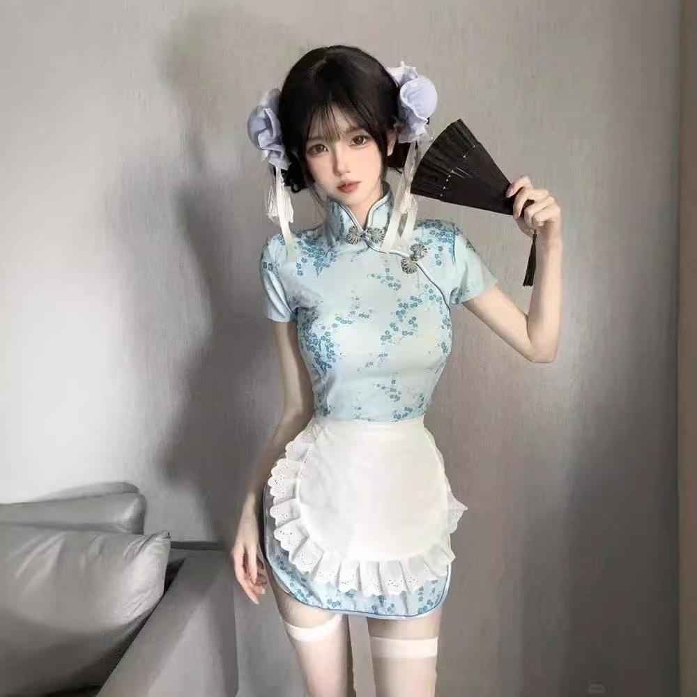 Cheongsam Maid Apron Lingerie Set, Two-Piece Pink Roleplay Outfit, One Size — detail image 4