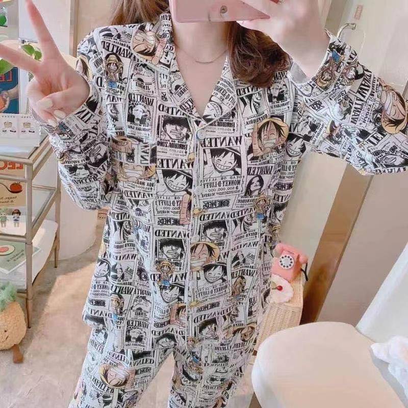 Pijama coreano de dama cuadrado lindo primavera otoño invierno cardigan con solapa manga larga comercio exterior se puede usar para el hogar conjunto de ropa