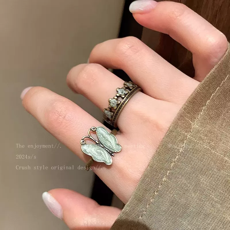 中古叠戴蝴蝶戒指复古做旧感小众花朵开口指环女高级感食指戒指环