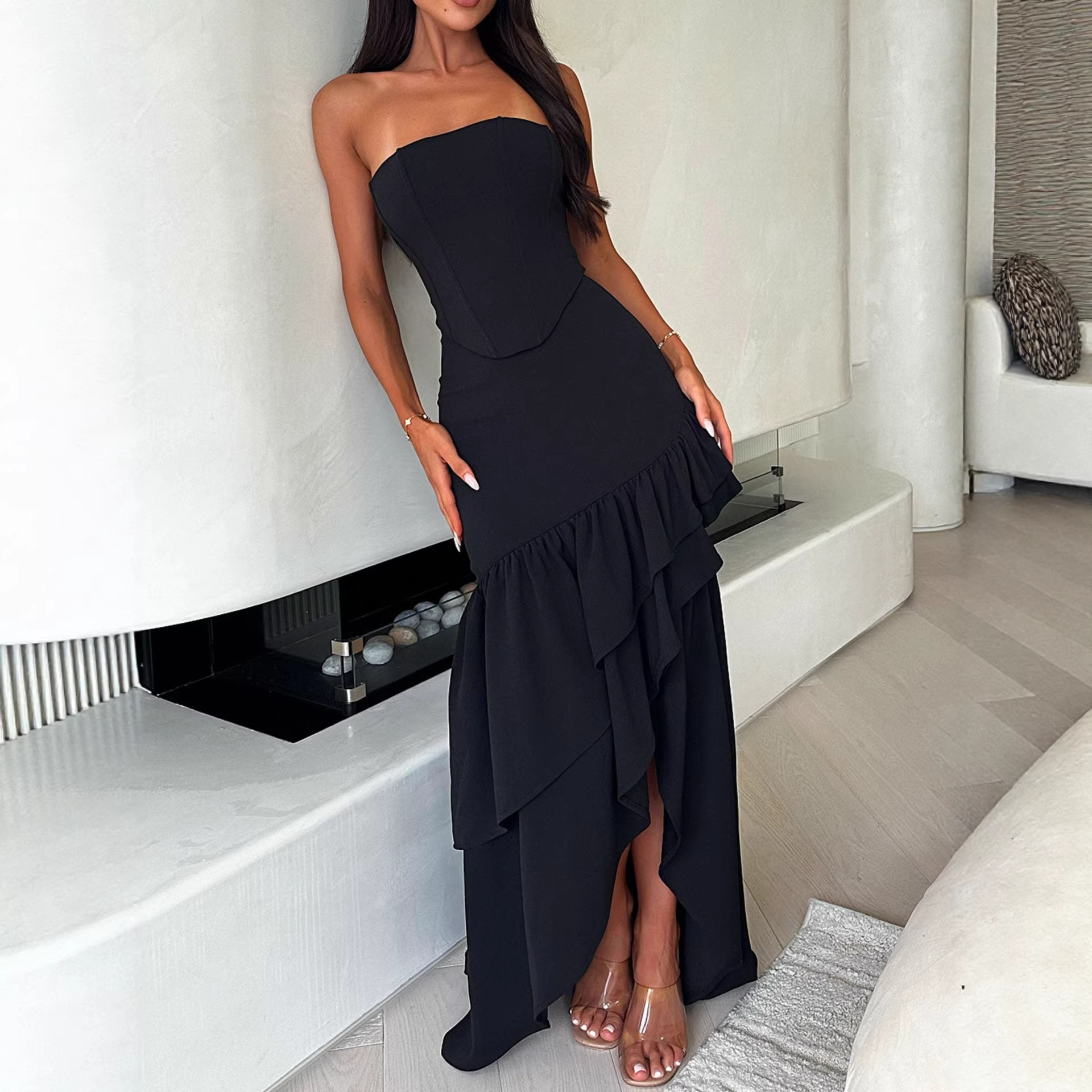 Fashion Sexy Strapless Slit Ruffle Hem Dress For Women Autumn High End Feeling Elegant Party Evening Strapless Dress_ecoleips.com