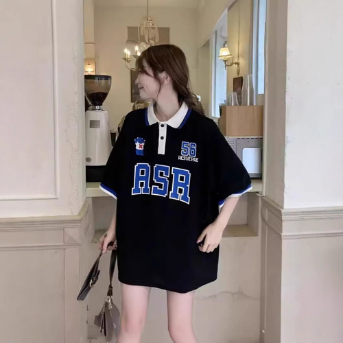 2025 American Street Style Polo Shirt Short-Sleeve T-Shirt for Women Summer Loose Trendy Instagram Original Style Hong Kong Flavor Half-Sleeve Ultra Hot Top