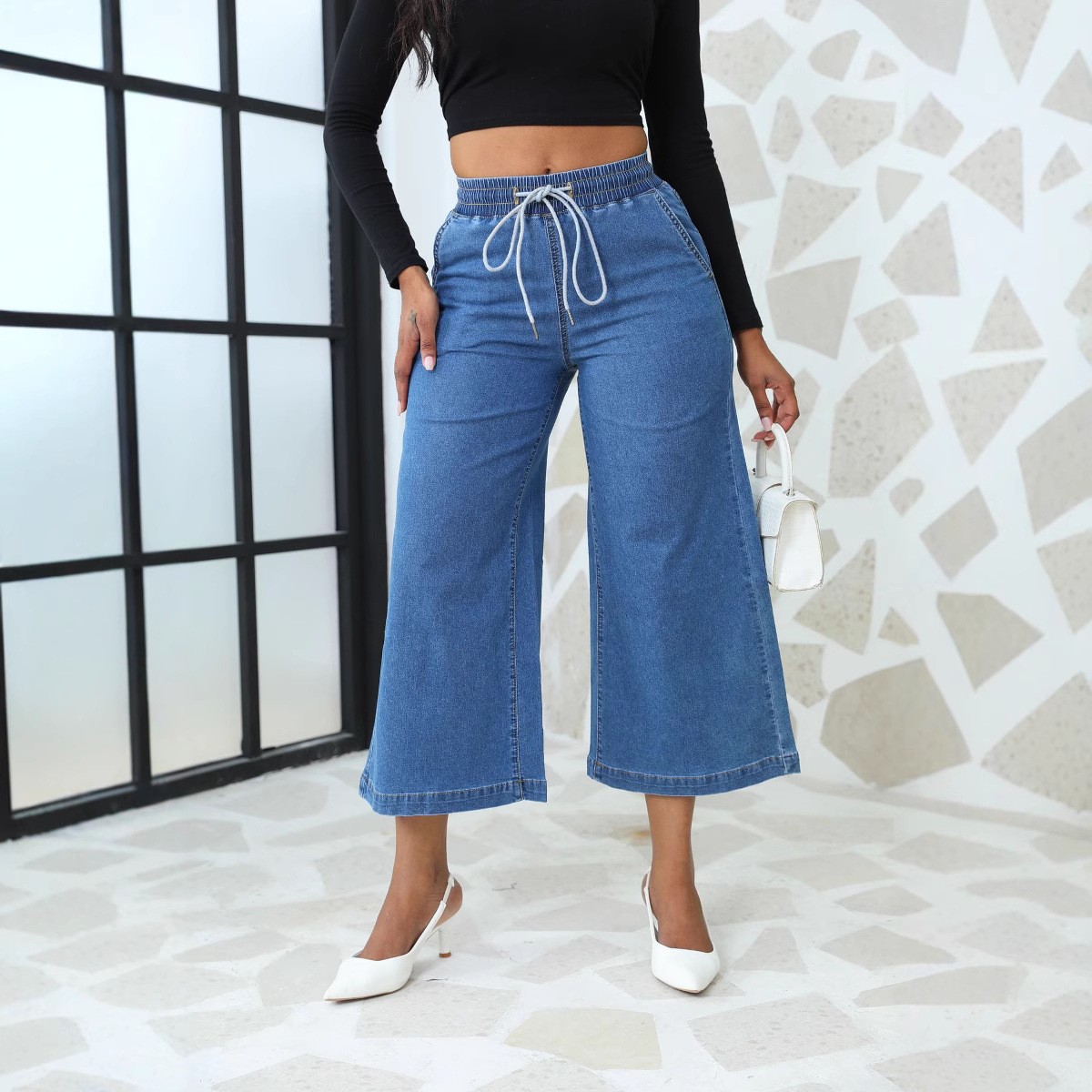 Pantalones vaqueros elásticos de mezclilla con cordones, de pierna recta y ancha, estilo cropped, de moda europea y americana, de alta calidad, para mujer, venta al por mayor, novedad 2026
