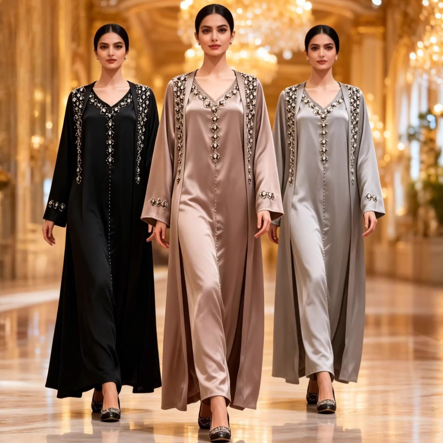 2026 Luxury Three-Color Rhinestone Hand-Studded Robe Two-Piece Set, Satin Flowing Loose Cardigan Dress