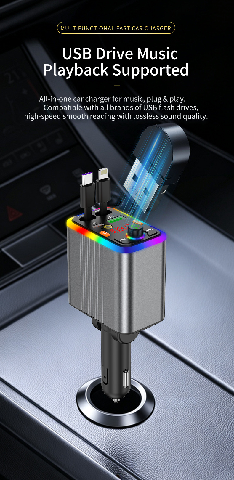 New car Bluetooth MP3 player with aluminum alloy shell, car charger, FM transmitter, hands-free calling, cross-border manufacturer supply