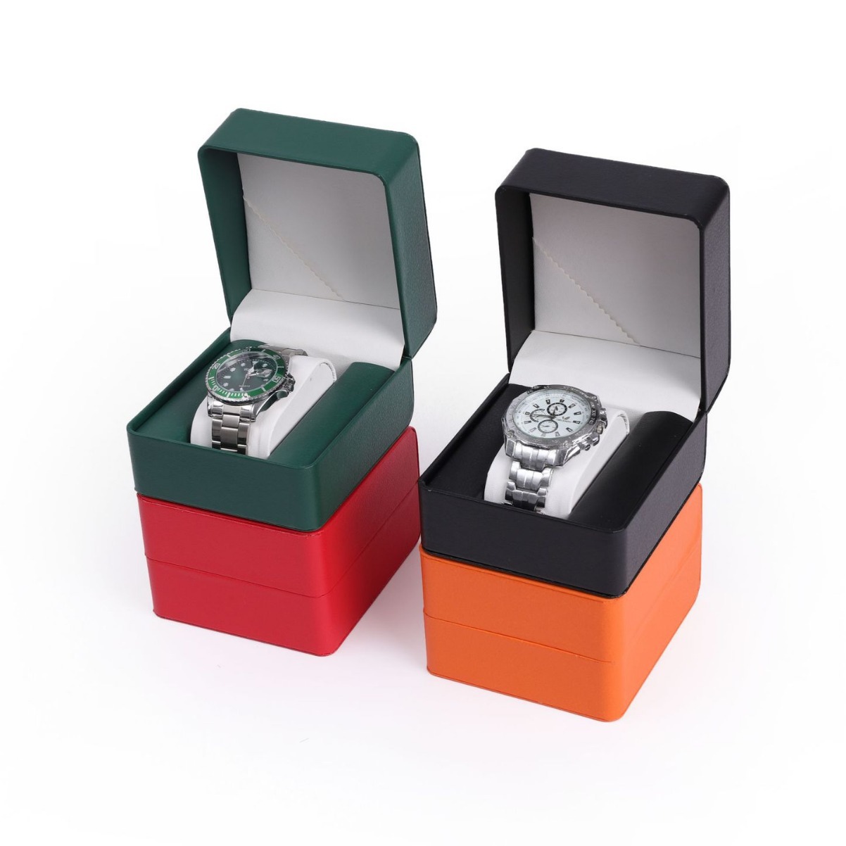 Nueva caja de exhibición de reloj con patrón de lichi con tapa abatible de alta gama, caja de embalaje de reloj de almohada de regalo de vacaciones, caja de almacenamiento al por mayor