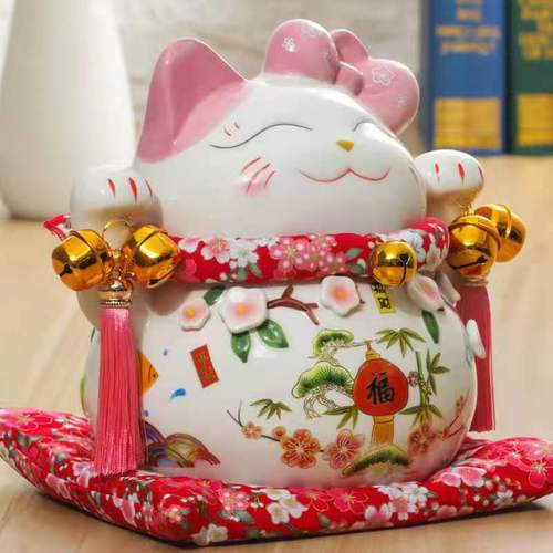 7-inch Peach Blossom Cat Figurine, Money Bank, Fortune Cat Ceramic, Gift for Best Friend, Festival Gift, Ceramic Home Decor, Ornament
