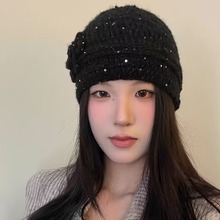 氛围感细闪花朵百搭针织包头帽女秋冬季显脸小帽子可爱ins针织帽