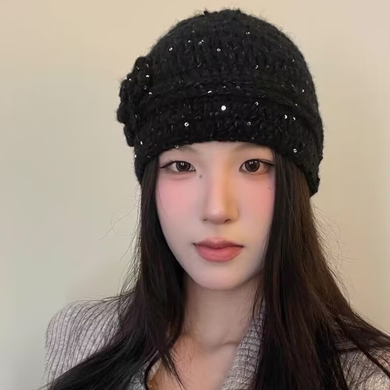 氛围感细闪花朵百搭针织包头帽女秋冬季显脸小帽子可爱ins针织帽
