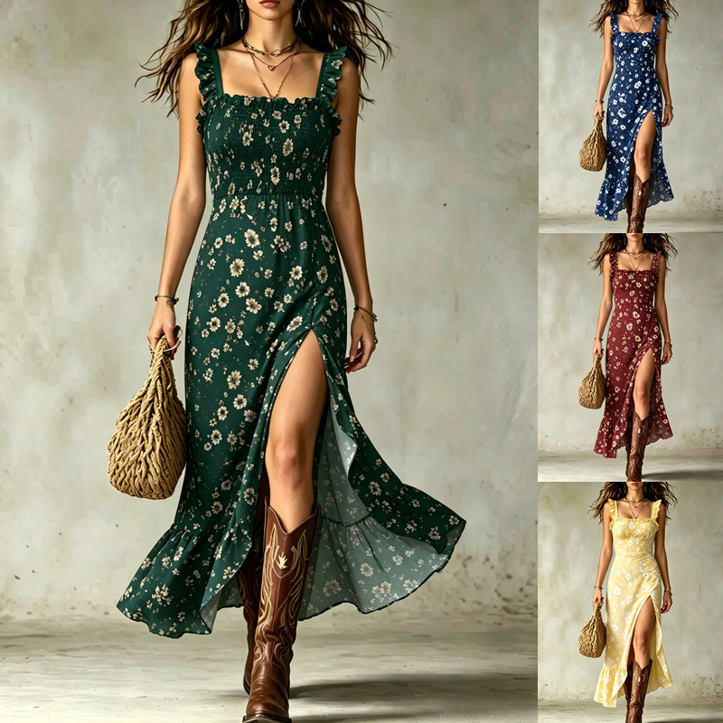 2026 New Floral Suspender Dress, Square Neck Ruffled Waist-Cinching Slit Mid-Length Dress, Vacation Style Women's Clothing