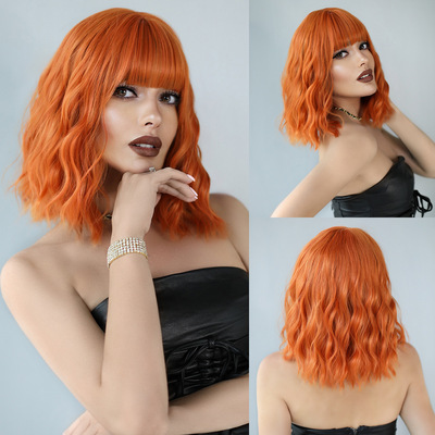 New dirty orange wig short bang long curly hair wig lady short curly hair airsynthetic fibre