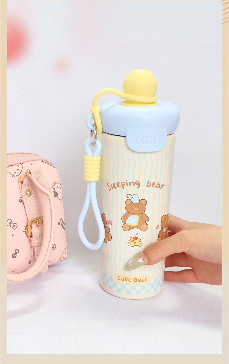 High-end 316 stainless steel floating ball thermos cup, large capacity cartoon cute sippy cup with straw, convenient water cup with carrying handle rope