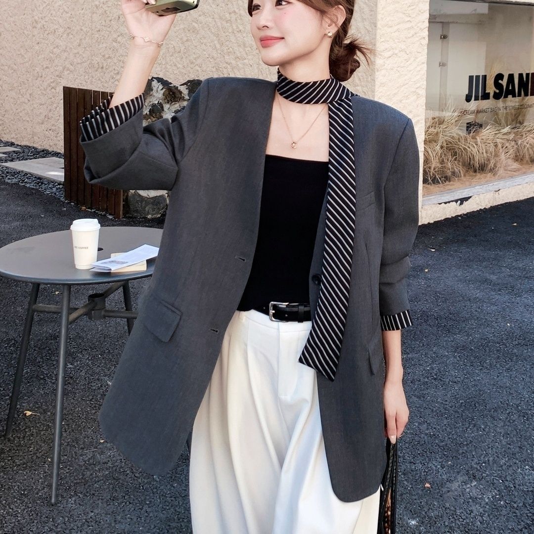 Gray Korean Style High-End Suit Jacket for Women 2025 Autum New Elegant Work Clothing Slim and Versatile Small Suit