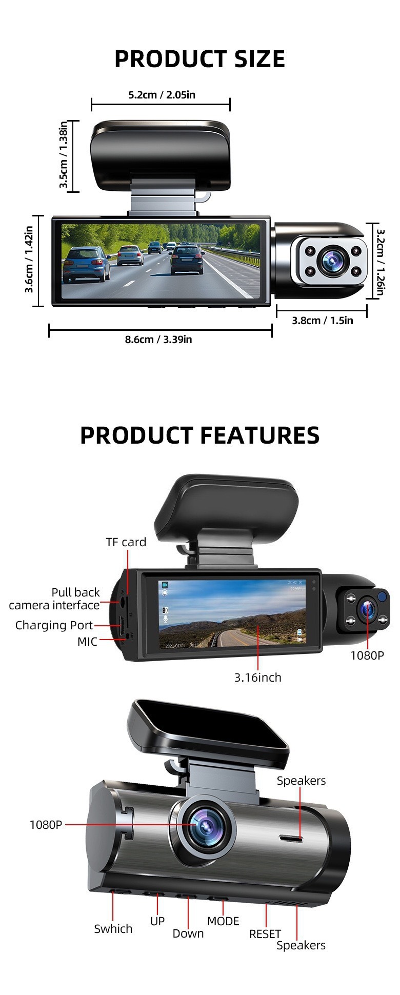 Three-Lens Dash Cam 3.16inch Front, Middle, and Rear Hd Night Vision Reversing Images Wifi Connectivity Wholesale