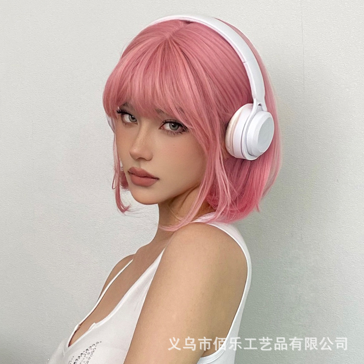 Sweet wind wig pink neat bangs short straight hair fashion high temperature silk manufacturers wholesale spot cosplay