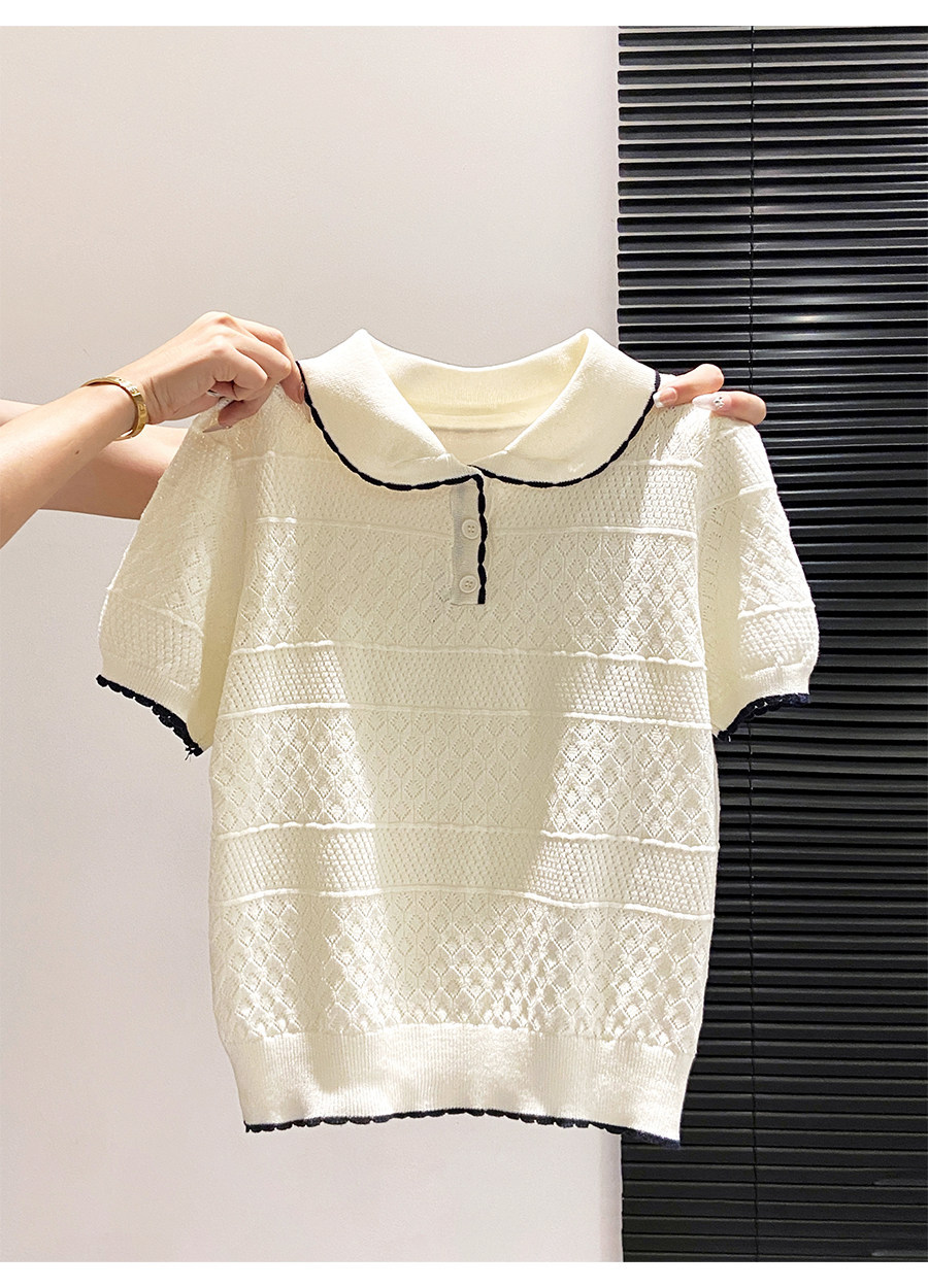 Áo thun tay ngắn dệt kim họa tiết rỗng phong cách thời trang — xanh lam chi tiết 2