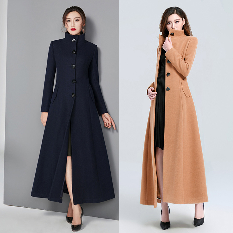 Winter New Slim-Fit Stand Collar Wool Coat for Women, Long Style, Slimming, Thickened, Vintage Elegant Wool Coat