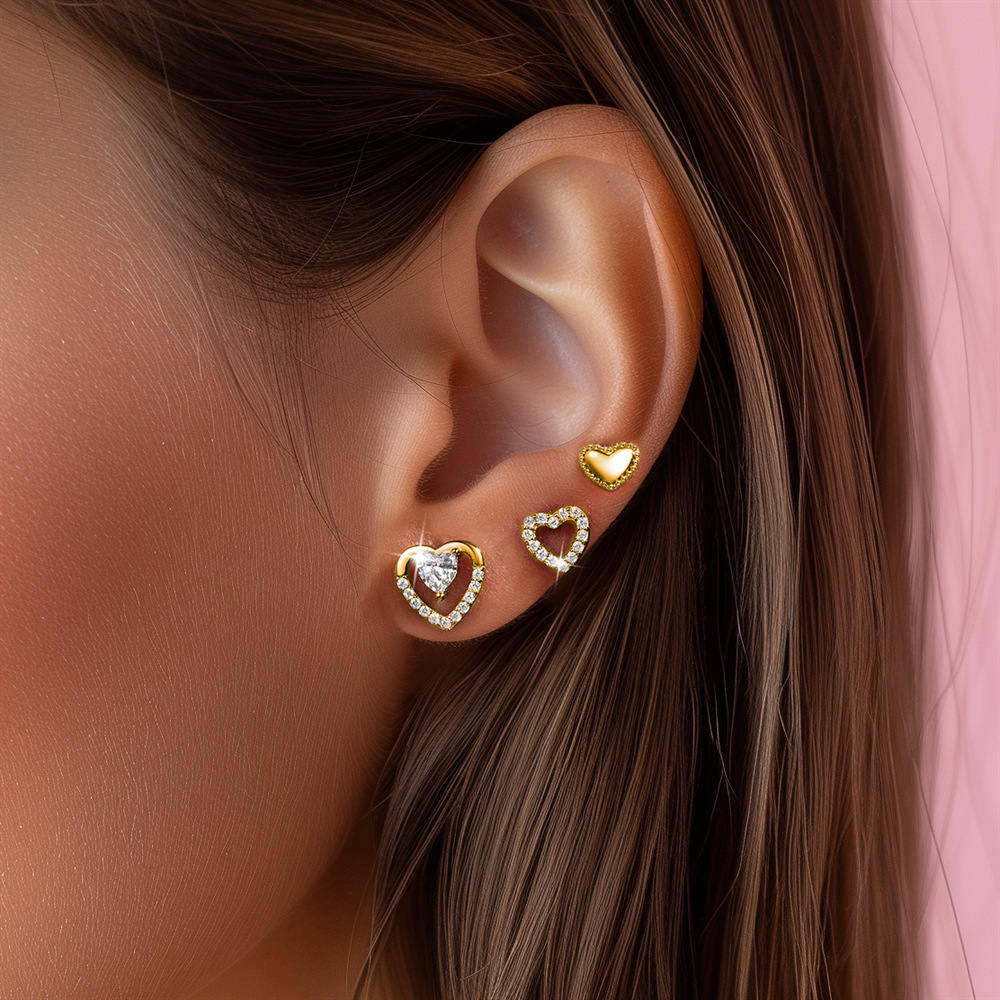 Zircon Inlay Material 3 Pieces Set 925 Sterling Silver Zircon Heart Shape Ear Studs