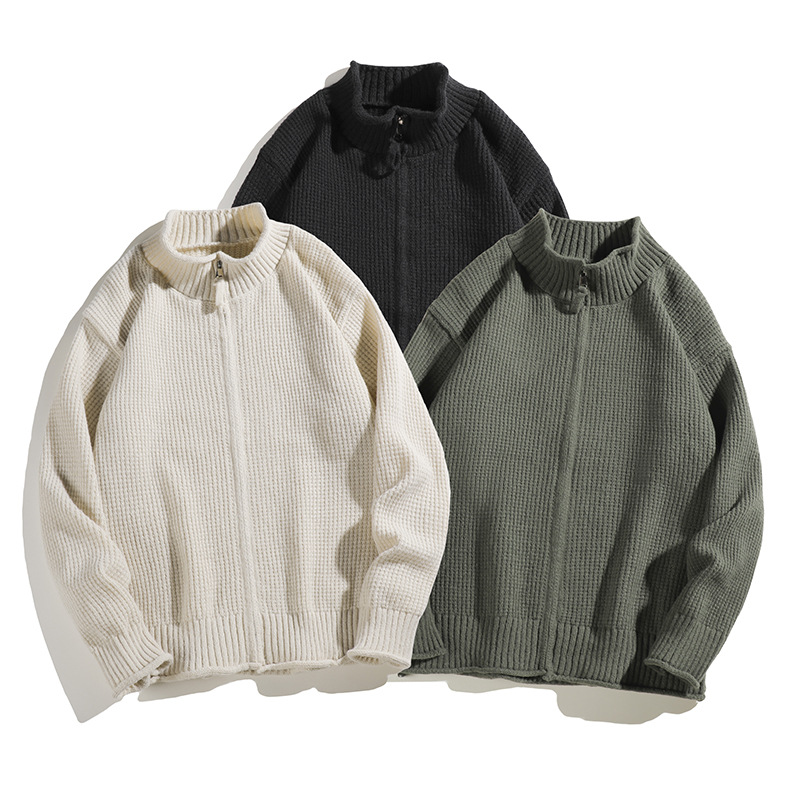 Otoño y invierno suéter de cuello medio alto para hombres de alto nivel cardigán chaqueta de hombre coreano de color sólido suelto con cremallera jersey
