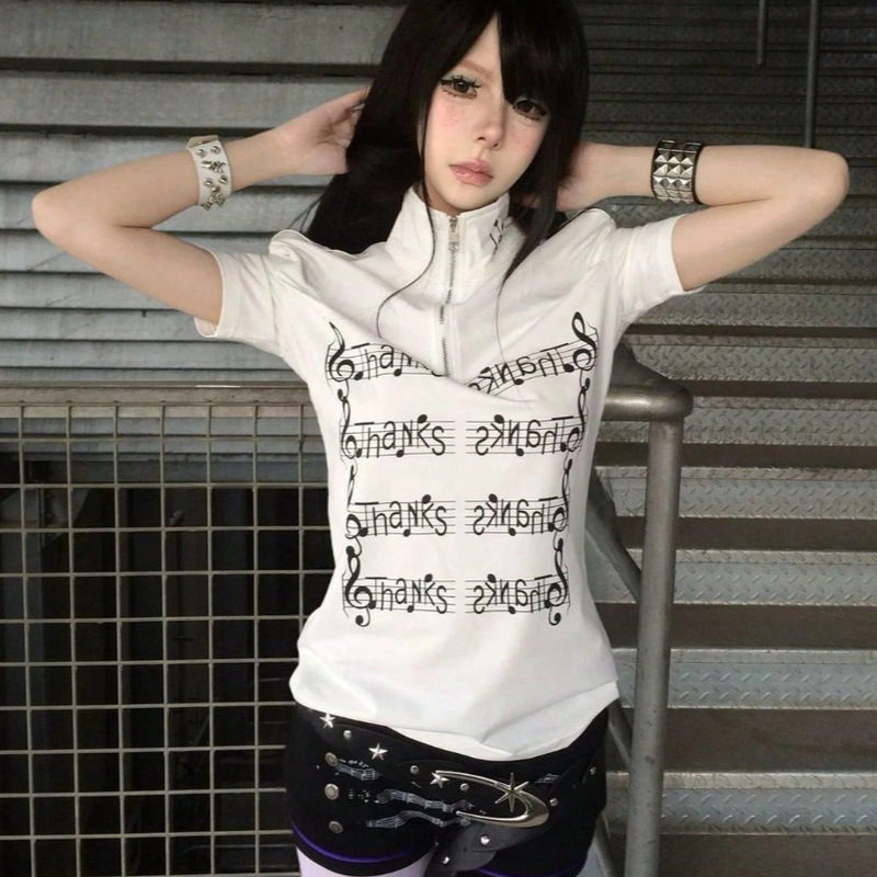 Cross-Border Ins Millennium Style Summer Half-Zip Turtleneck Top with English Music Score Print, Stretchy Slim-Fit Base T-Shirt