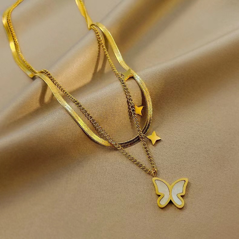 Fashion Butterfly Titanium Steel Plating Shell Layered Necklaces 1 Piece