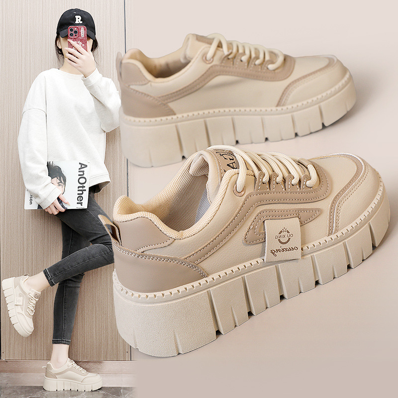 SH312 Neue Damen-Plateauschuhe mit Farbblock-Design für Frühling und Herbst 2025, dicke Sohle, Leder, höhenverstärkend, schlicht, für Studentinnen_voghion.com