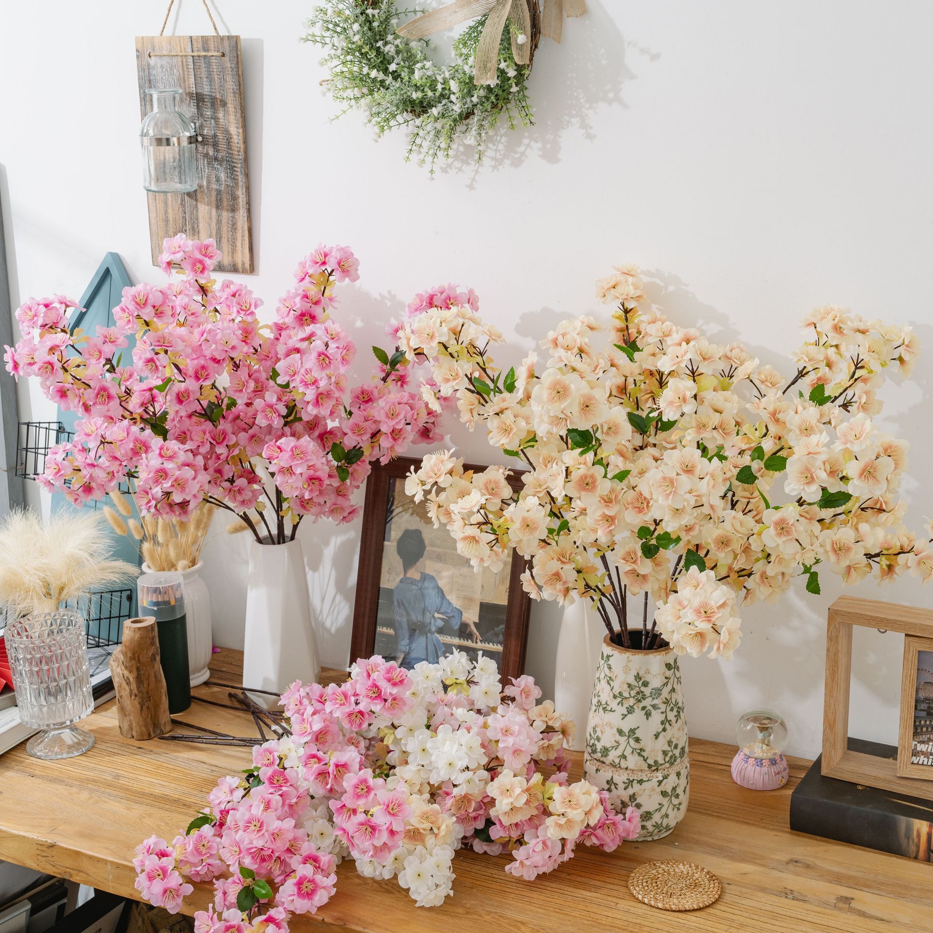 Flor de cerezo 3 horquilla flor de cerezo fábrica de flores de simulación decoración del hogar boda flores de mano rosa pared flores falsas INS transfronterizas