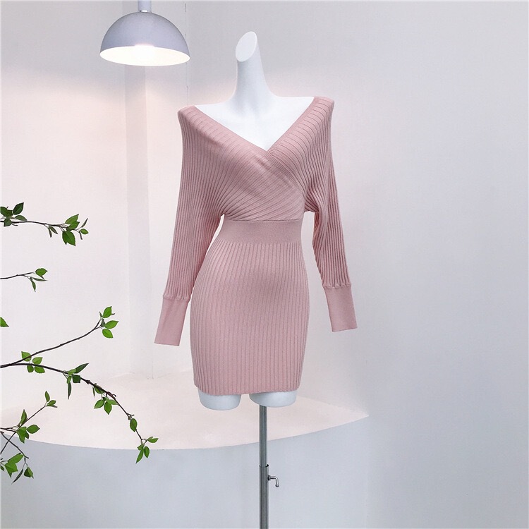 Autumn Pure Desire Sexy Hollow-Out Backless V-Neck Bodycon Dress Slim Fit Batwing Sleeve Knit Mid-Length Dress for Women Autumn Pure Desire Sexy Hollow-Out Backless V-Neck Bodycon Dress Slim Fit Batwing Sleeve Knit Mid-Length Dress for Women
