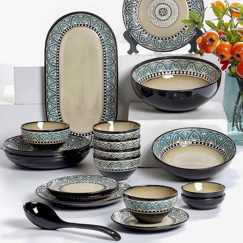 European and American creative Mediterranean style ceramic dish suit vintage household dish rice bowl housewarming tableware gift