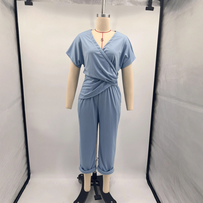 2025外贸女装欧美跨境夏季新品独立站速卖通时尚纯色不规则短袖套|undefined