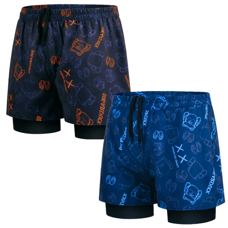 Swimming Trunks Men's Boxer Double-Layer Anti-Embarrassment Swimsuit Quick-Dry Loose Hot Spring Beach Swimming Trunks Sports Running Shorts
