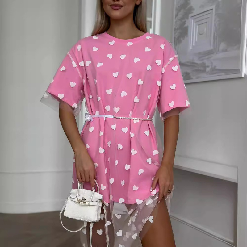 Summer New European and American Cross-border Foreign Trade Women's Love Lazy Crewneck Casual Loose Mesh Stitching Short dress