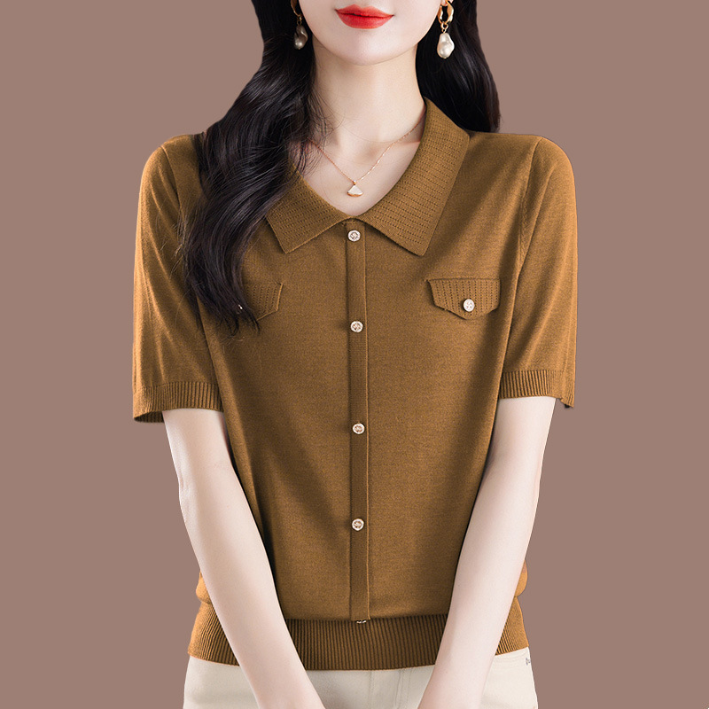 テンセルリヨセル中年ママ服夏新作半袖Tシャツレディースゆったりおしゃれニットポロシャツトップス|undefined