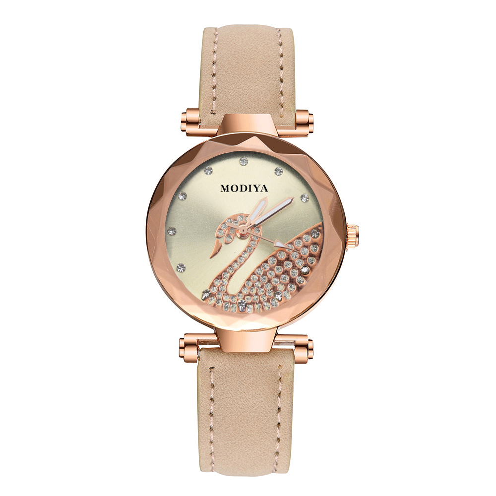 Montre-bracelet pour femmes mode cristal cygne cadran Quartz analogique montre pour femme avec bracelet en daim montre-bracelet_voghion.com