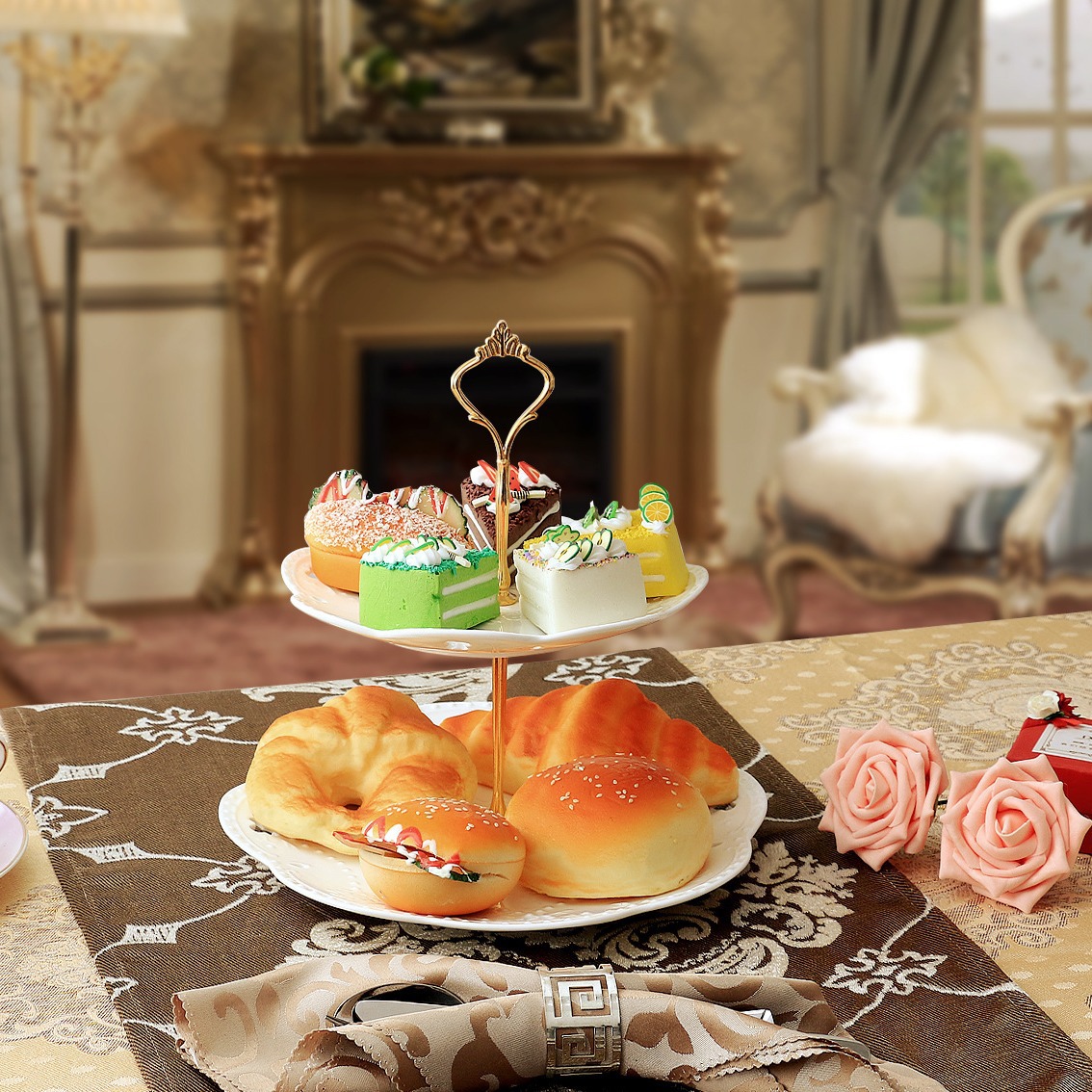 Tres capas plato de fruta de cerámica de estilo europeo merienda Placa de encaje cerámica de dos capas Placa de cadena de té de la tarde plato de postre regalo de cerámica