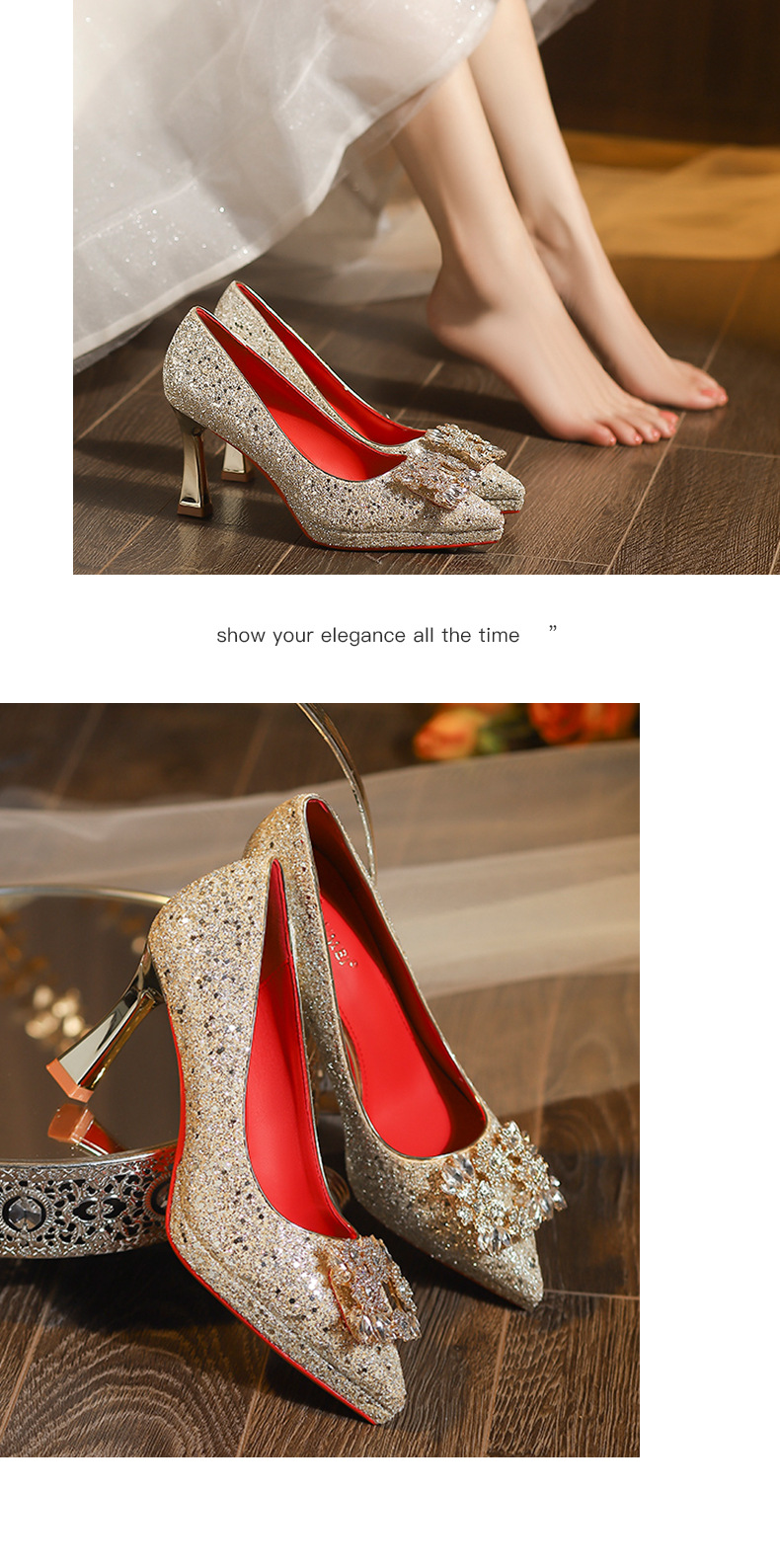 Giày cao gót nữ mũi nhọn đính sequin gót vuông quai ngang — sâm panh chi tiết 8