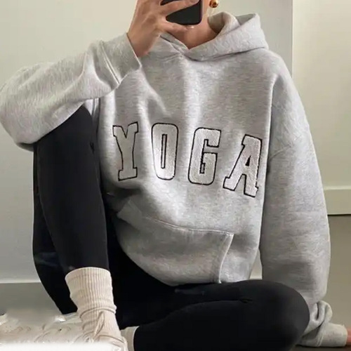 New 2025 Amazon Cross-border Leisure Gray YOGA Letter Print Loose Hooded Women's Sweatshirt for Europe and America