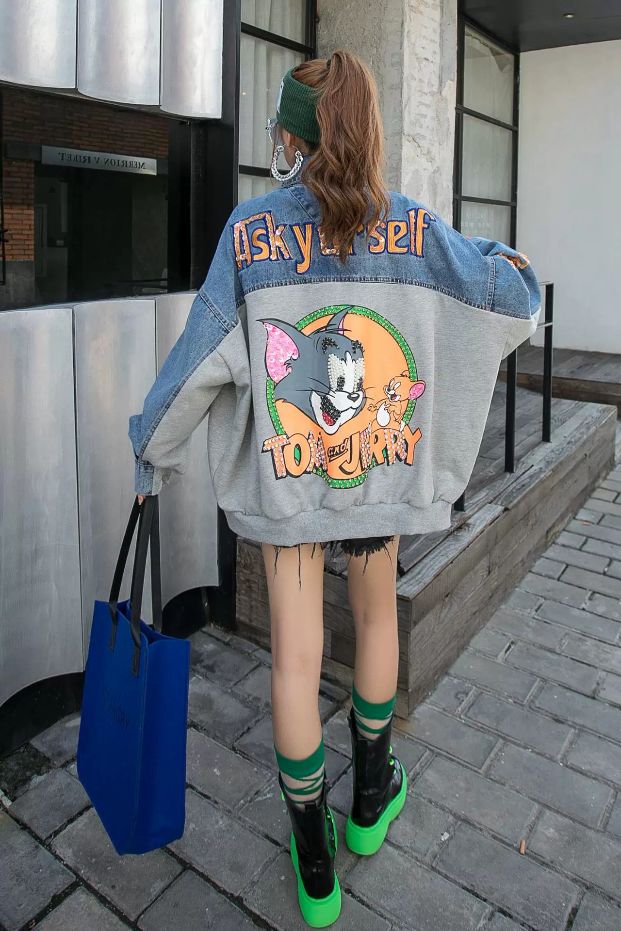 Европейская станция тяжелая промышленность гвоздь из бисера со стразами с мультяшным принтом Джинсовое пальто женское чувство дизайна свитер шить Повседневная Блузка