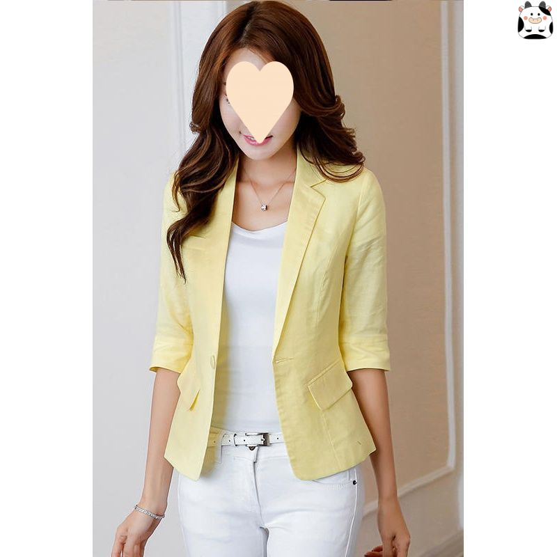 Women's Short Sleeve Slim Fit Thin Cotton-Linen Casual Cropped Blazer Jacket for Spring