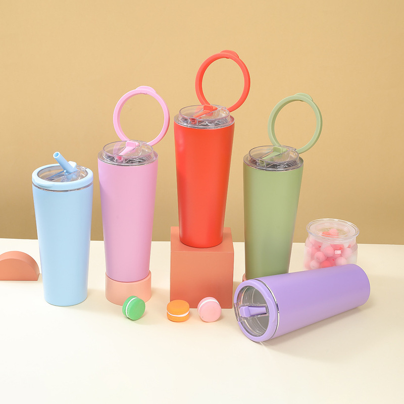 Cross-border new ring handle 304 stainless steel thermos cup office folding suction tube cup high color value handy cup
