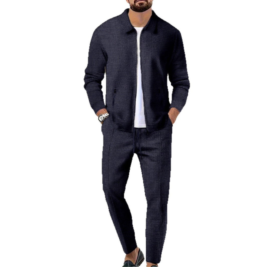 Chaqueta deportiva casual con cremallera de waffle de Amazon transfronterizo para hombres europeos y americanos, pantalones de manga larga, traje de solapa
