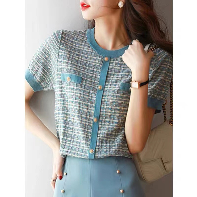 Damen Eisseide Strick T-shirt Kurzarm Rundhals Gestreift Elegant_voghion.com