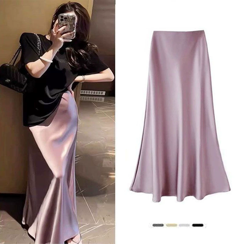 Женская юбка миди с высокой талией, облегающая, из ацетатного атласа, с эффектом "рыбий хвост", драпированная юбка для весны и лета 2025 года.