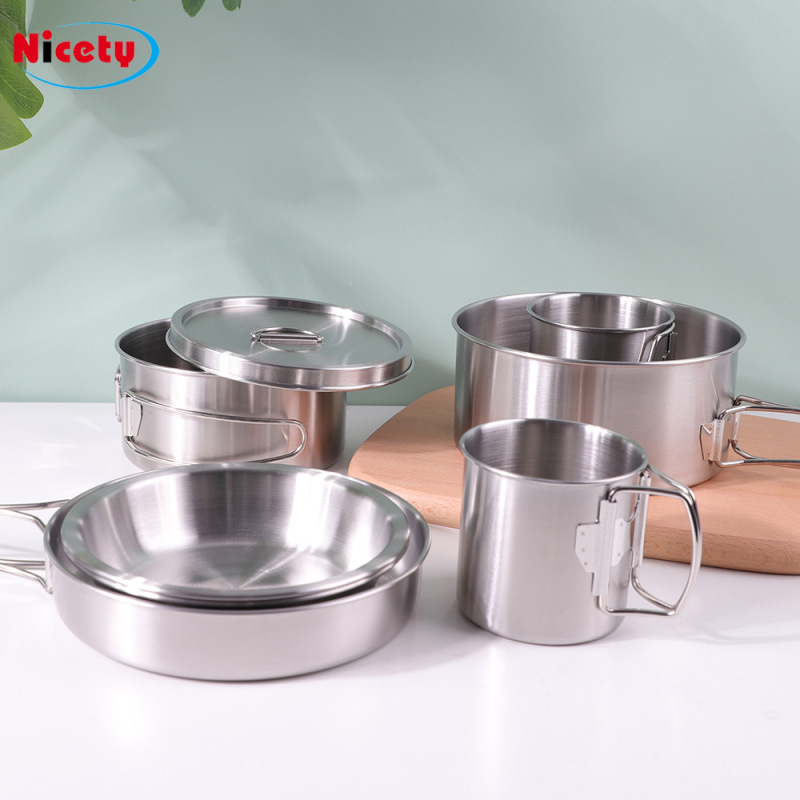 Camping Pot Set 304 Stainless Steel Cookware 8-Piece Set Outdoor Picnic Barbecue Camping Cookware Cup Plate Tableware Set