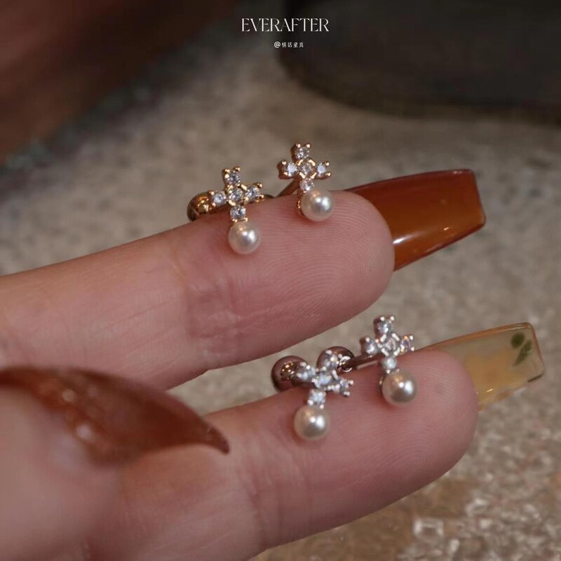 mini Cross pearl ear bone nail screw buckle simple temperament 2023 New thread ear studs