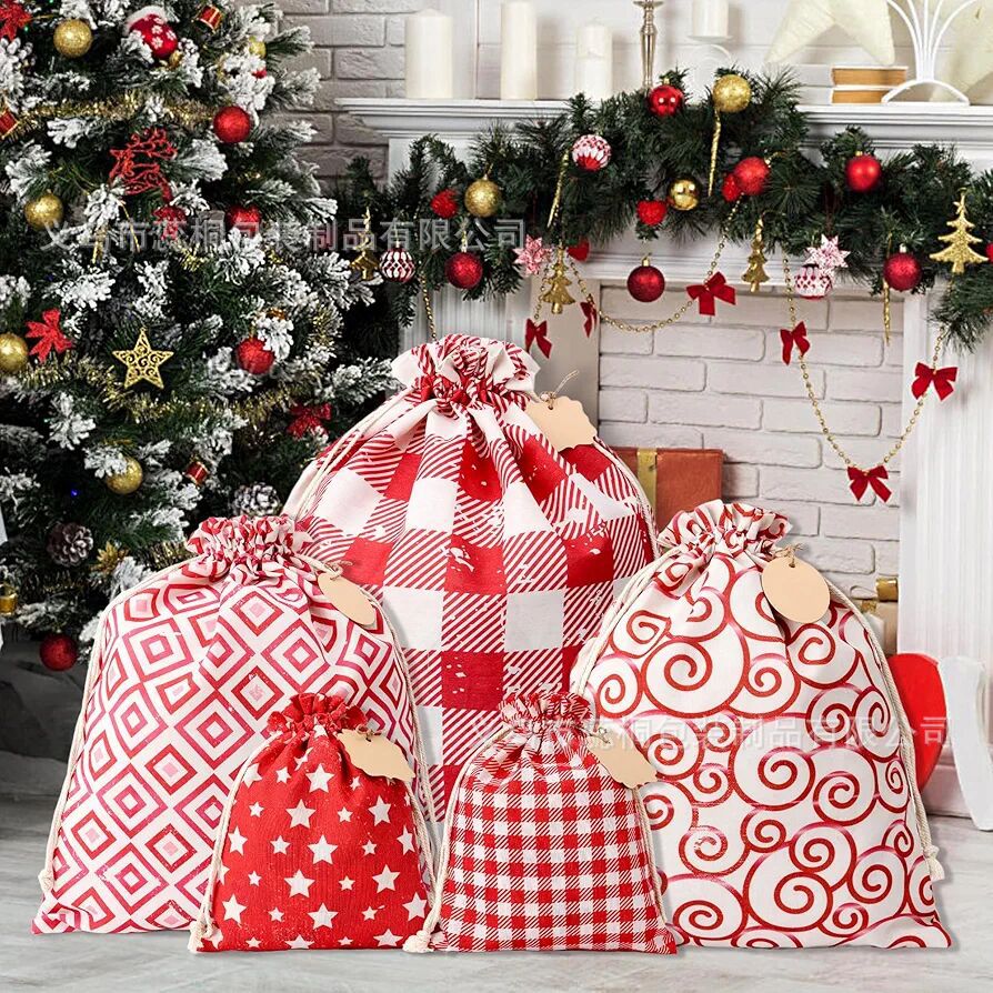 圣诞抽绳礼品袋套装棉麻复古红色圣诞袋大号小号圣诞礼物装饰袋子