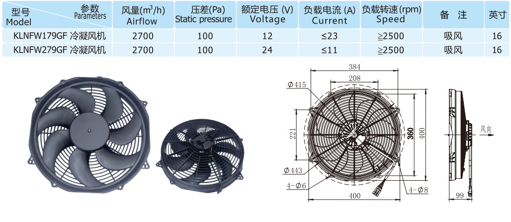 16inch Suction-Type Brushless High-Performance Condenser Fan Electronic Fan Radiator Fan Klnfw279Gf