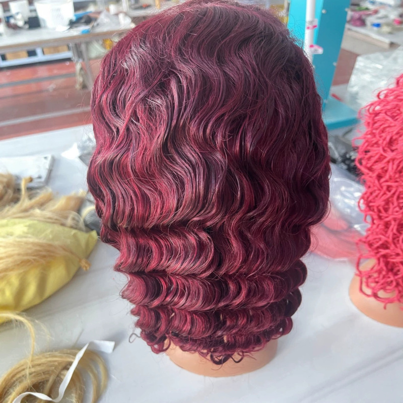 Factory Direct Sale Lace Front 100% Human Hair 99J Deep Curly Wavy Indian Hair Wig Pure Hand-Woven